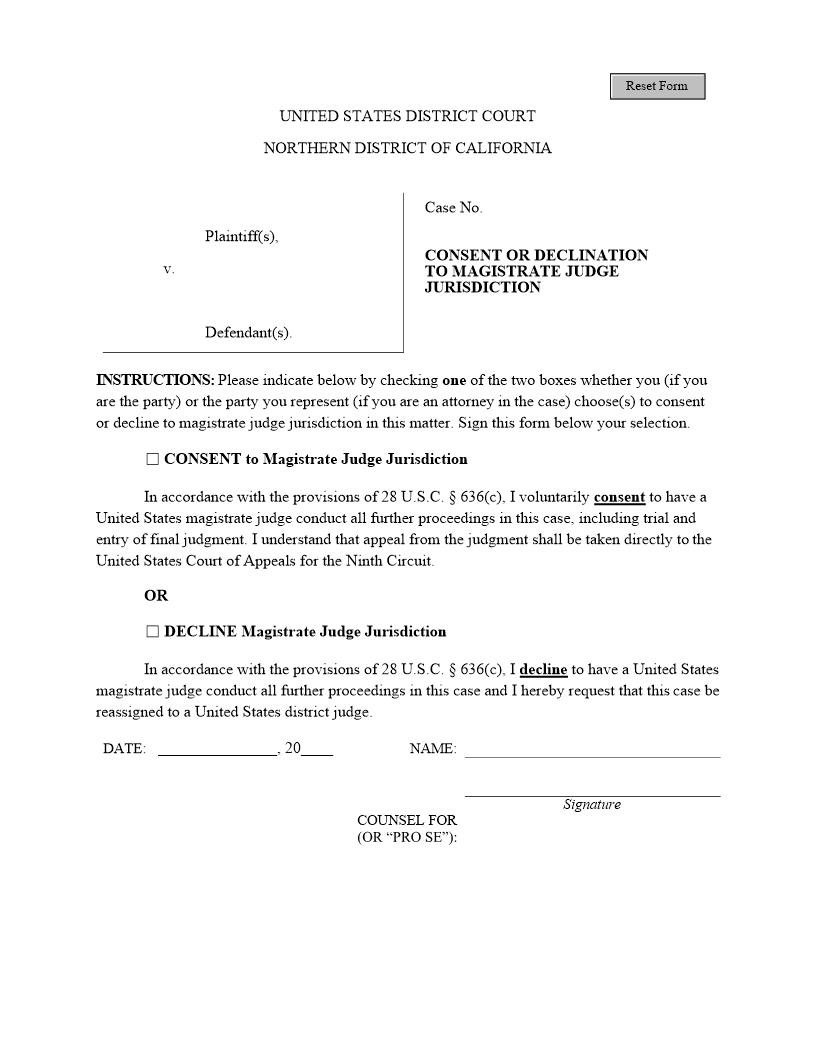 Magistrate Judge Consent-Declination Form  | Pdf Fpdf Doc Docx | California