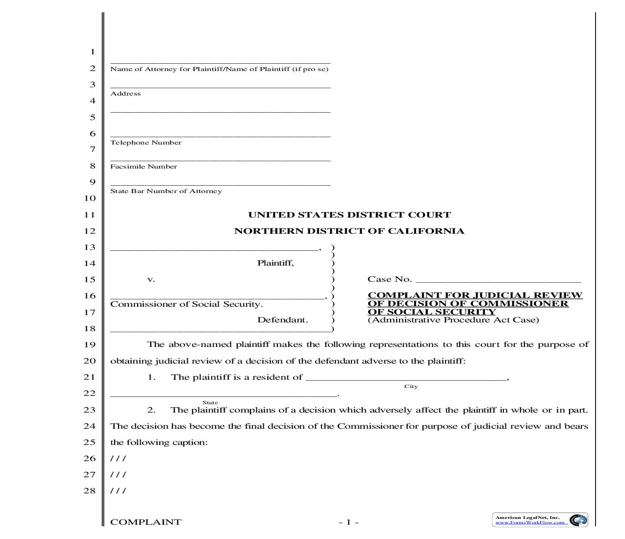 Social Security Complaint For Judicial Review Of Decision By Commissioner | Pdf Fpdf Doc Docx | California
