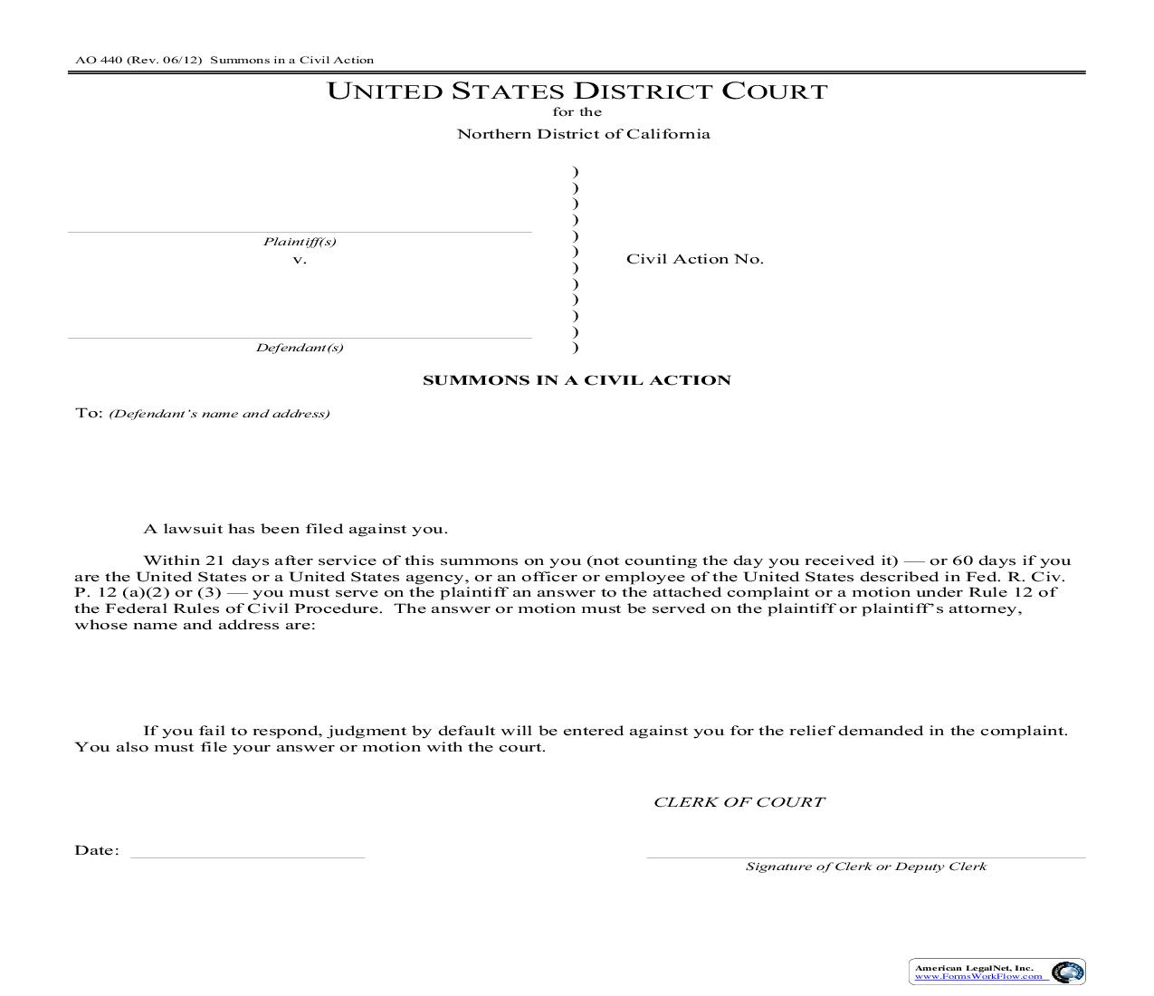 Summons In A Civil Action (Northern District) {AO 440} | Pdf Fpdf Doc Docx | California