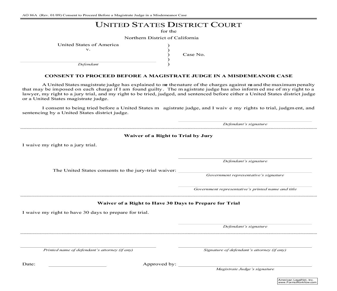 Consent To Proceed Before A Magistrate Judge In A Misdemeanor Case (Northern District) {AO 86A} | Pdf Fpdf Doc Docx | California