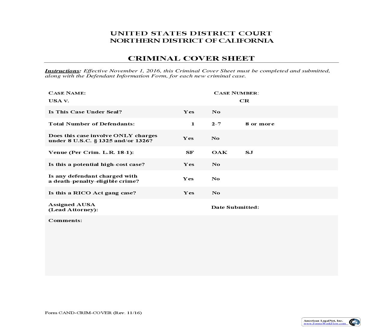 Criminal Cover Sheet | Pdf Fpdf Doc Docx | California