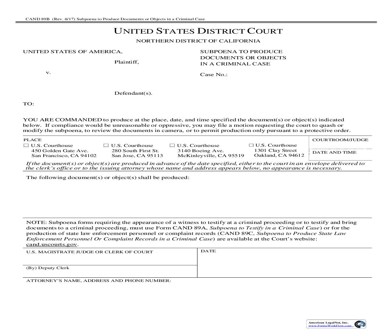 Subpoena To Produce Documents Or Objects In A Criminal Case {CAND 89B} | Pdf Fpdf Doc Docx | California