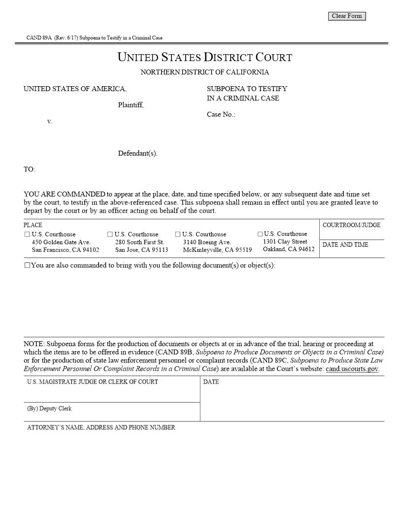 Subpoena To Testify In A Criminal Case {CAND 89A} | Pdf Fpdf Doc Docx | California