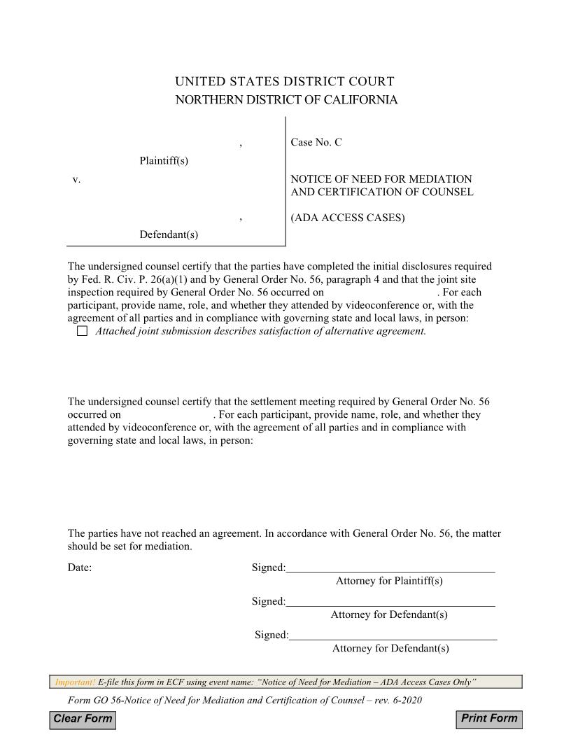 Notice Of Need For Mediation And Certification Of Counsel- ADA Access Cases {GO 56} | Pdf Fpdf Docx | California