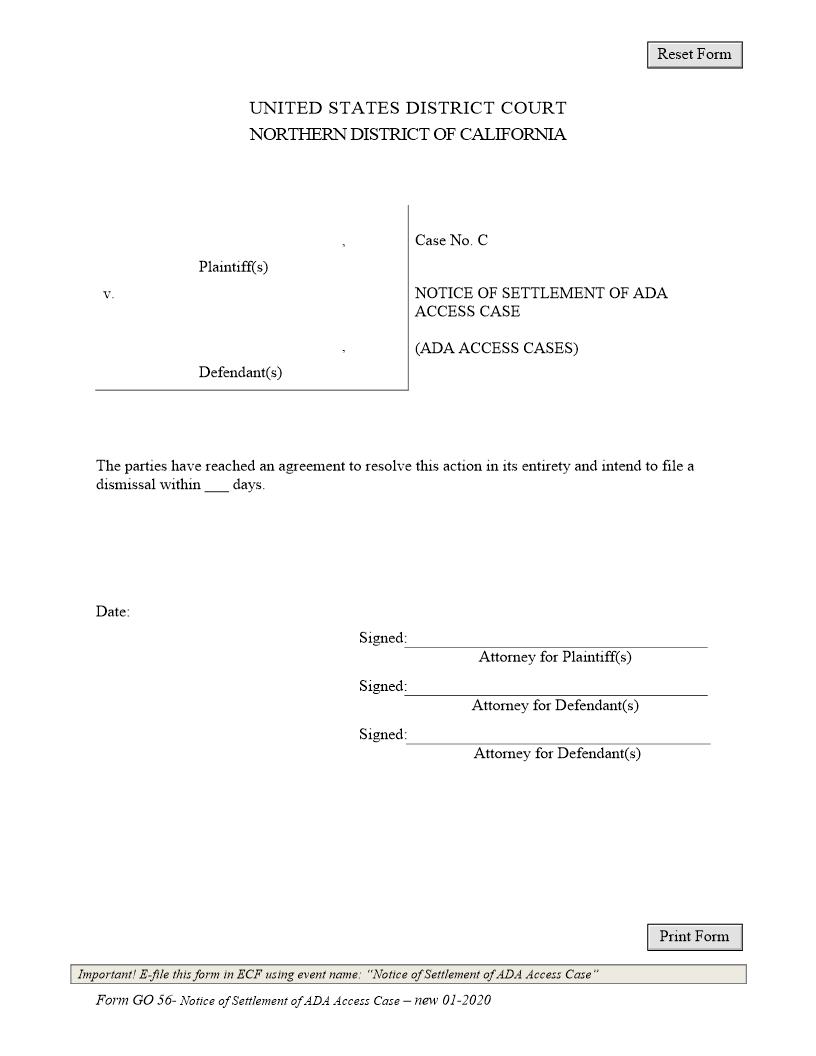 Notice Of Settlement Of ADA Access Case {GO 56} | Pdf Fpdf Docx | California
