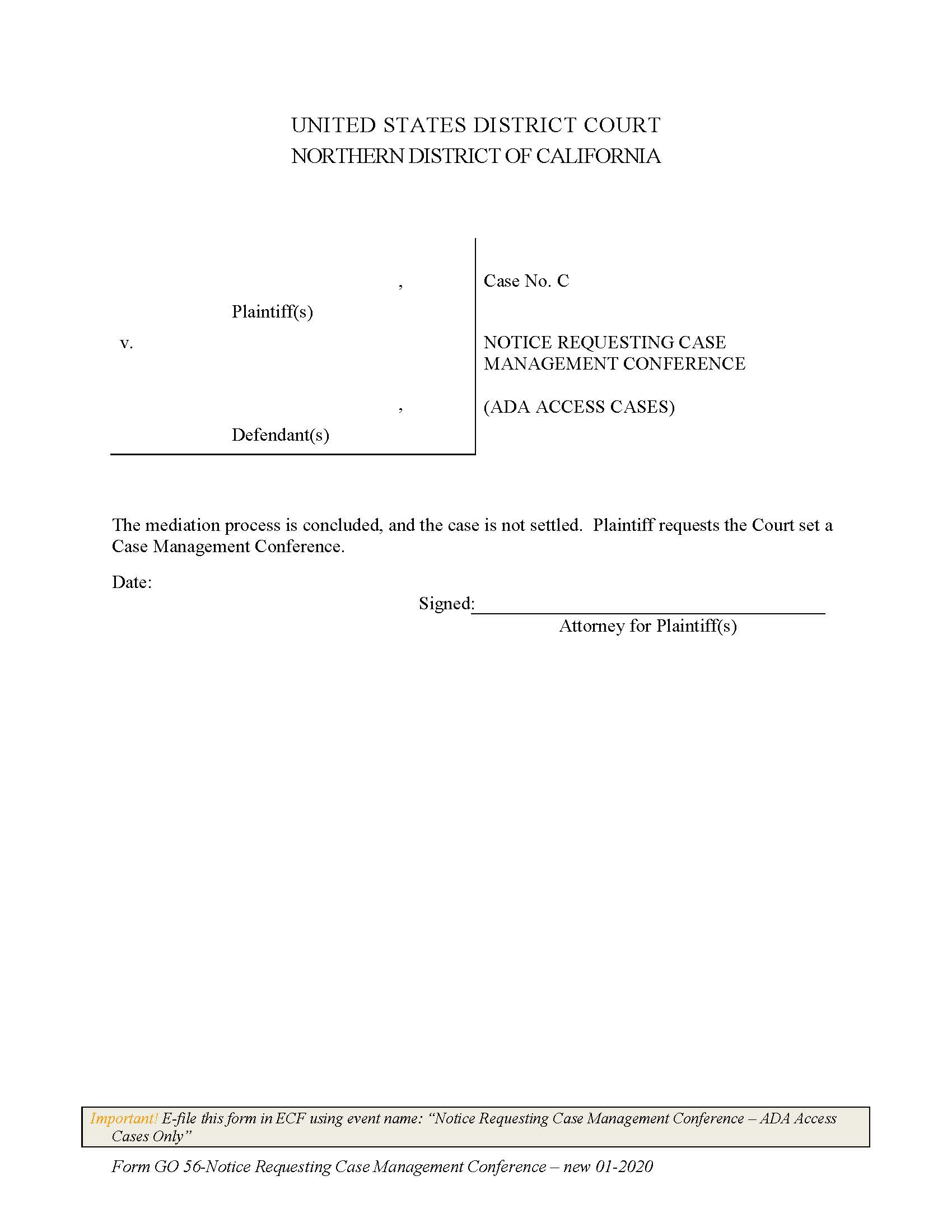 Notice Requesting Case Management Conference-ADA Access Cases {GO 56} | Pdf Fpdf Docx | California