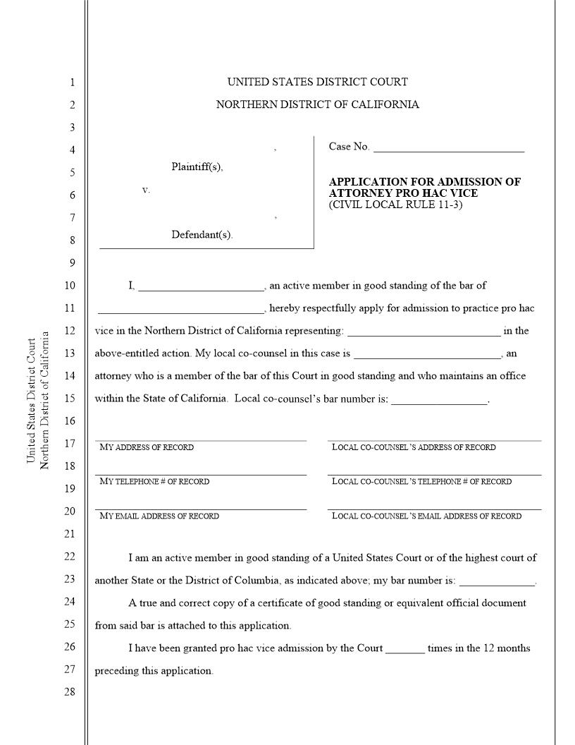 Application For Admission Of Attorney Pro Hac Vice (Civil) | Pdf Fpdf Doc Docx | California