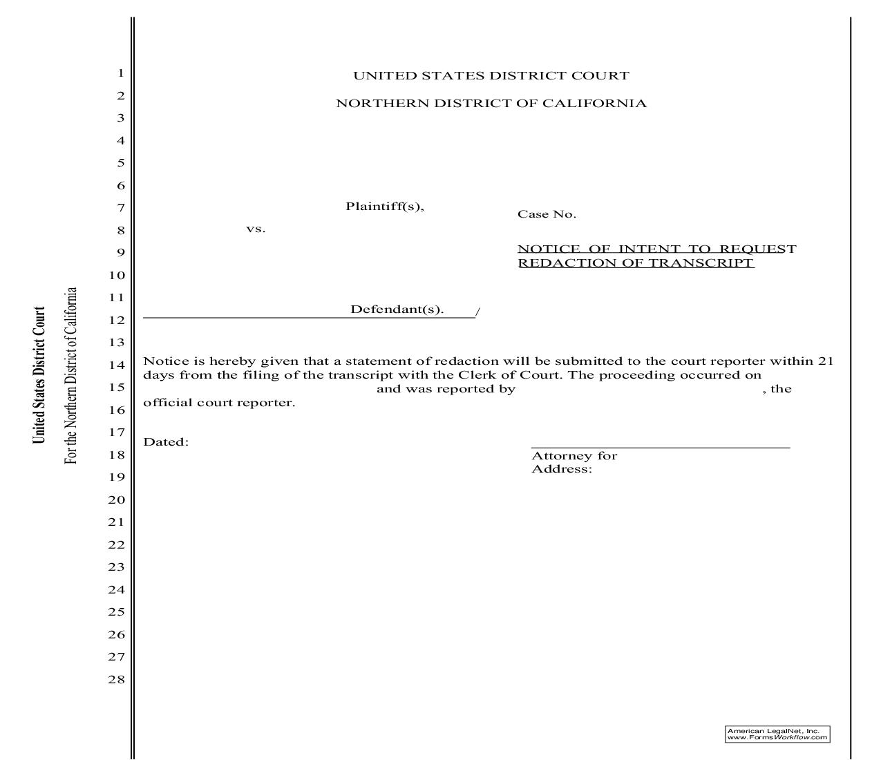Notice Of Intent To Request Redaction Of Transcript | Pdf Fpdf Doc Docx | California