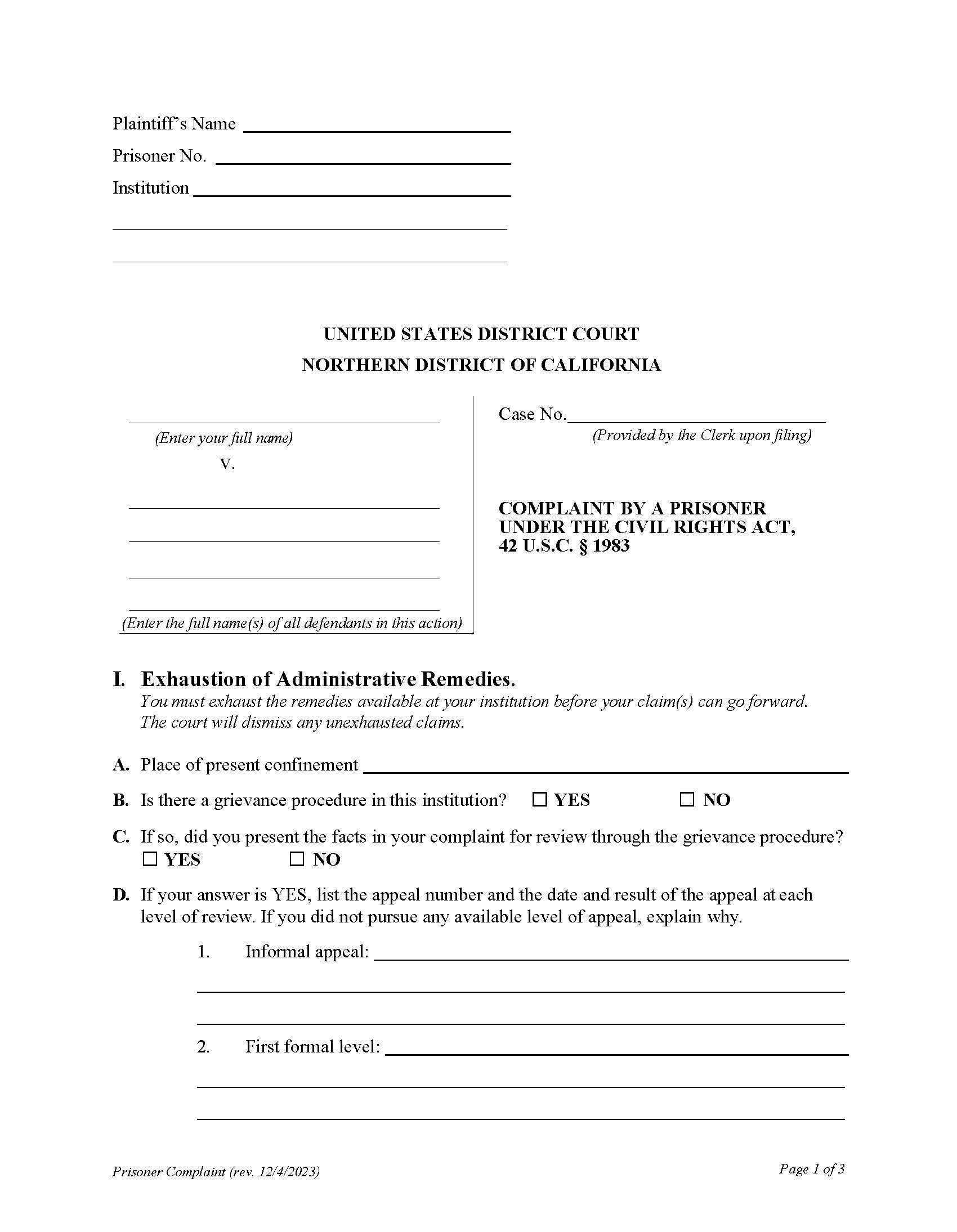 Complaint Under Civil Rights Act-Prisoner Case | Pdf Fpdf Doc Docx | California