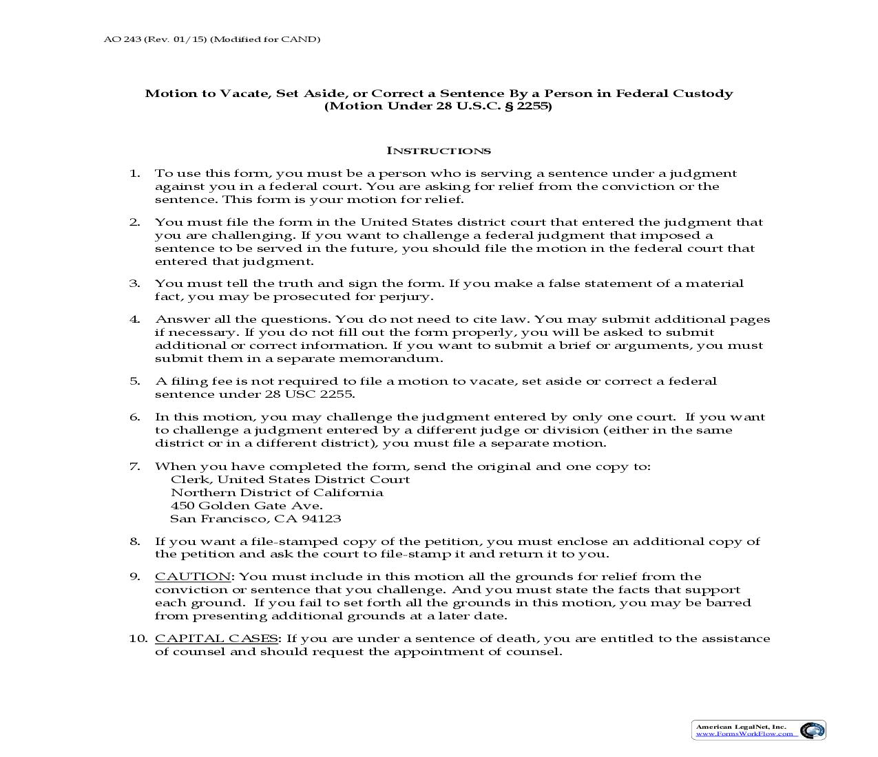 Motion Under 28 USC 2255 To Vacate Set Aside Or Correct Sentence (CAND) {AO 243} | Pdf Fpdf Doc Docx | California