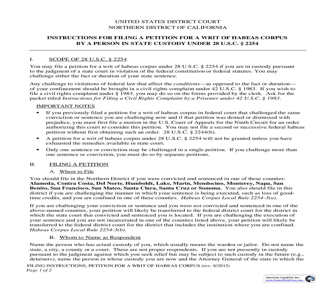 Petition For A Writ Of Habeas Corpus By A Person In State Custody w-Instructions | Pdf Fpdf Doc Docx | California