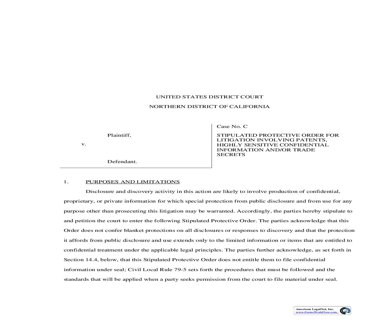 Model Protective Order For Litigation Involving Patents Highly Sensitive Confidential Information | Pdf Fpdf Doc Docx | California