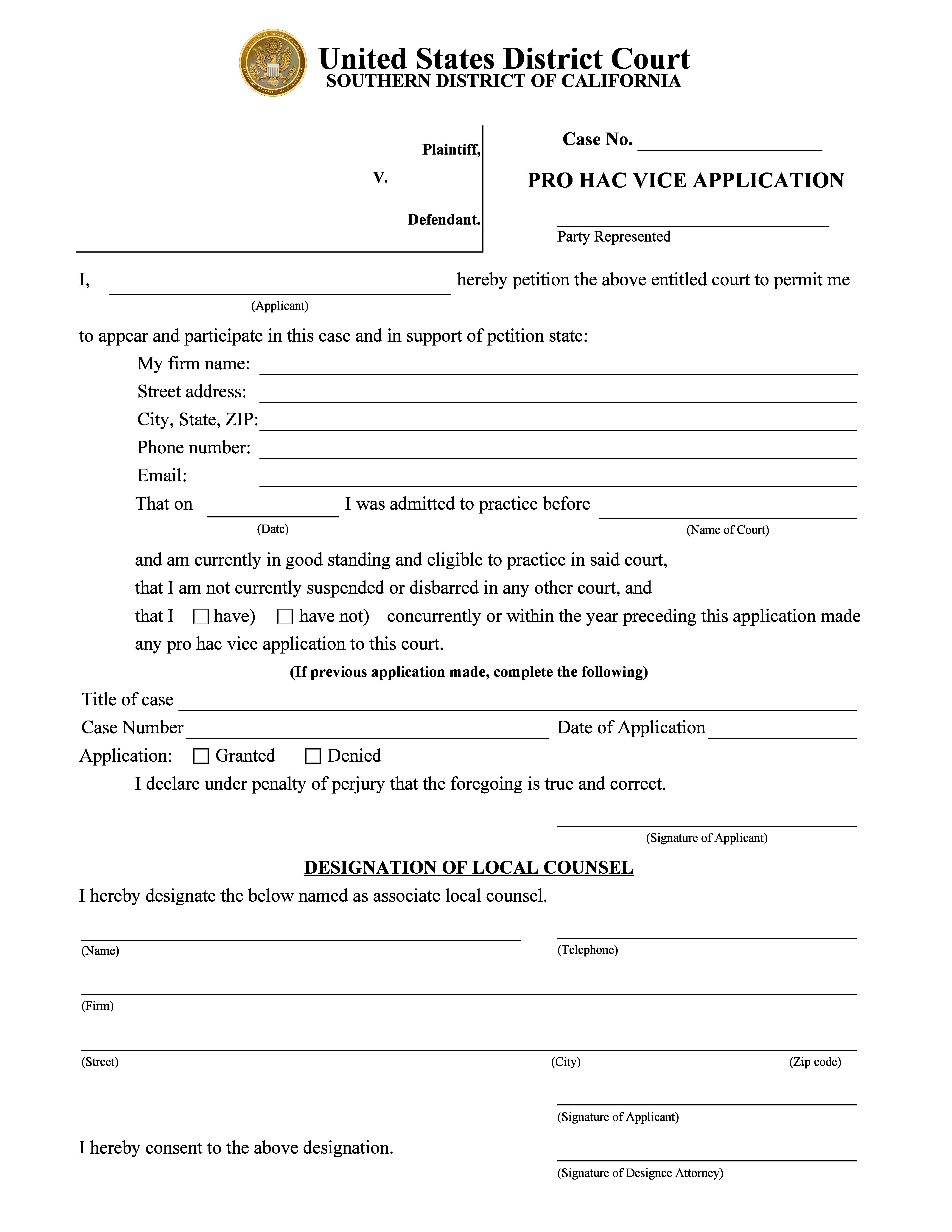 Pro Hac Vice Application | Pdf Fpdf Doc Docx | California