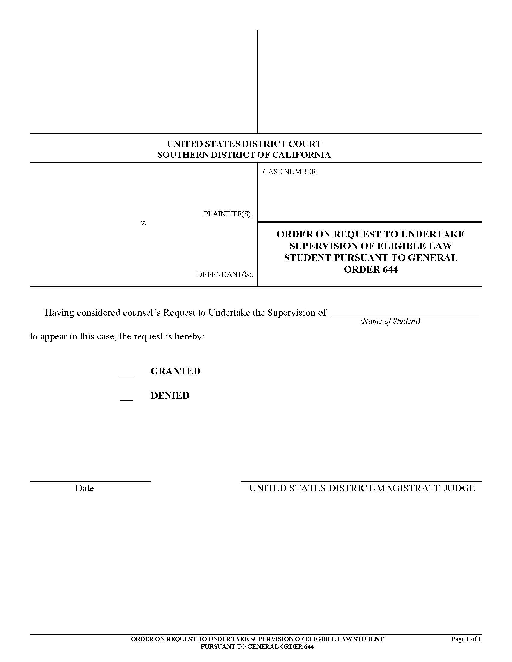 (Proposed) Order On Request To Undertake Supervision Of Eligible Law Student-General Order 644 | Pdf Fpdf Doc Docx | California