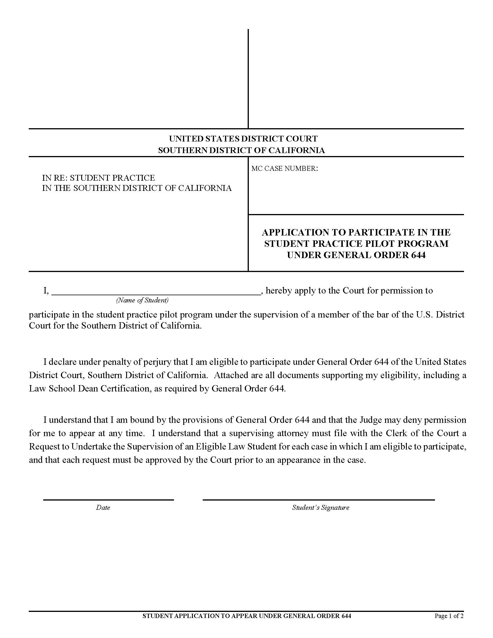 (Student) Application To Participate In The Student Practice Pilot Program-General Order 644 | Pdf Fpdf Doc Docx | California