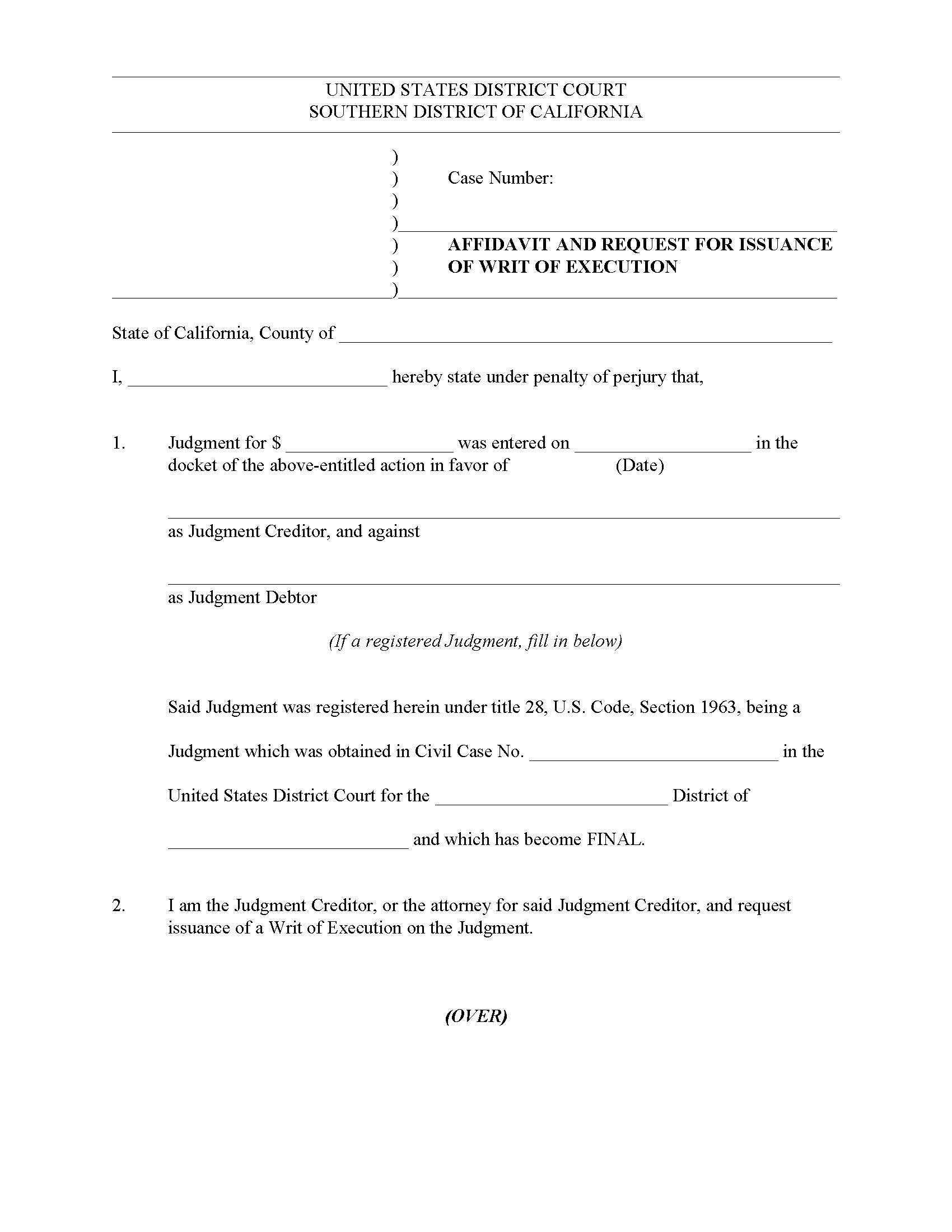Affidavit And Request For Issuance Of Writ Of Execution | Pdf Fpdf Doc Docx | California