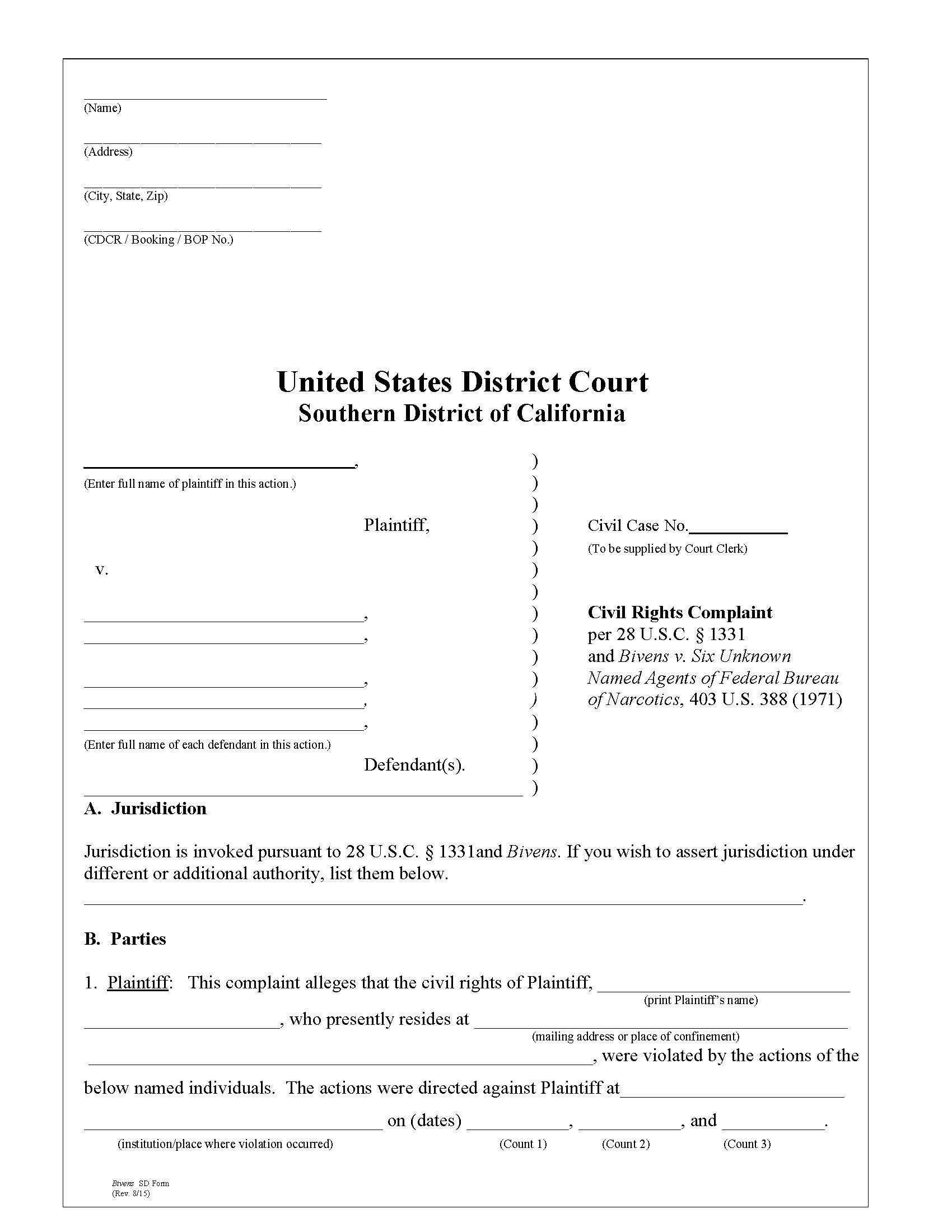 Complaint Under The Civil Rights Act Bivens | Pdf Fpdf Doc Docx | California
