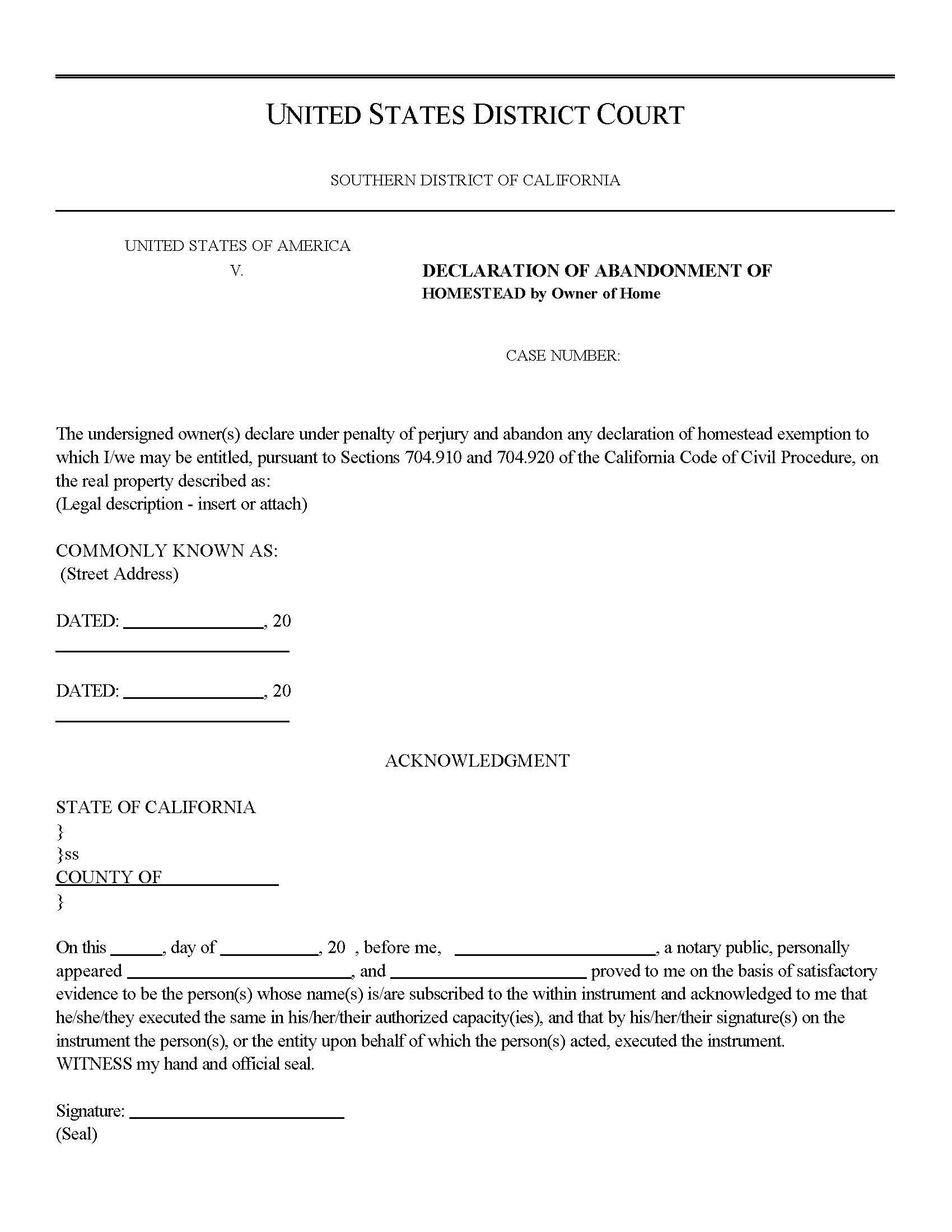 Declaration Of Abandonment Of Homestead By Owner Of Home | Pdf Fpdf Doc Docx | California