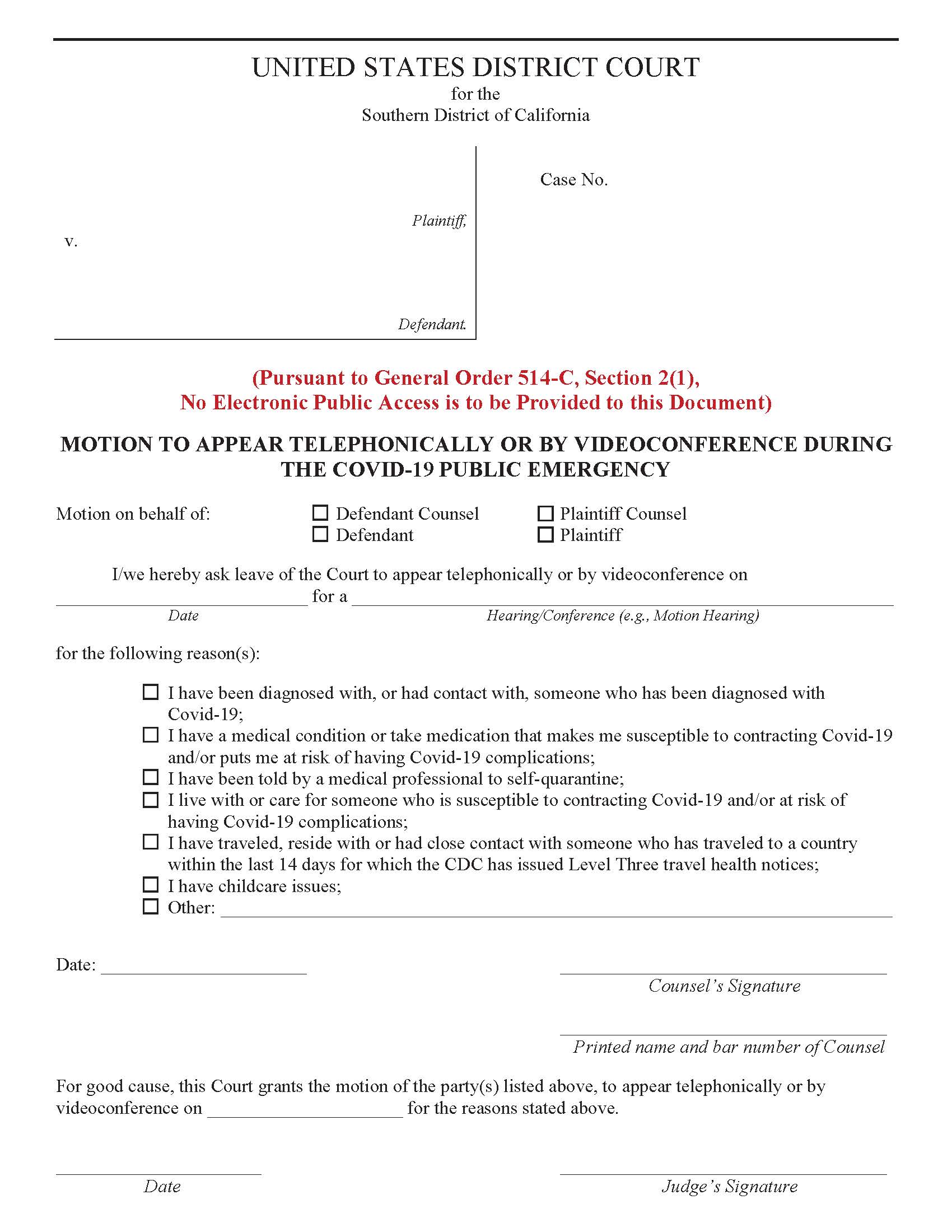Motion To Appear Telephonically Or By Videoconference During The COVID-19 (Civil) | Pdf Fpdf Docx | California