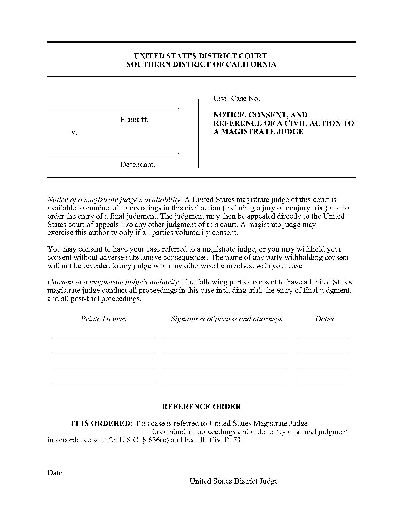 Notice Consent And Reference Of A Civil Action To A Magistrate Judge | Pdf Fpdf Doc Docx | California