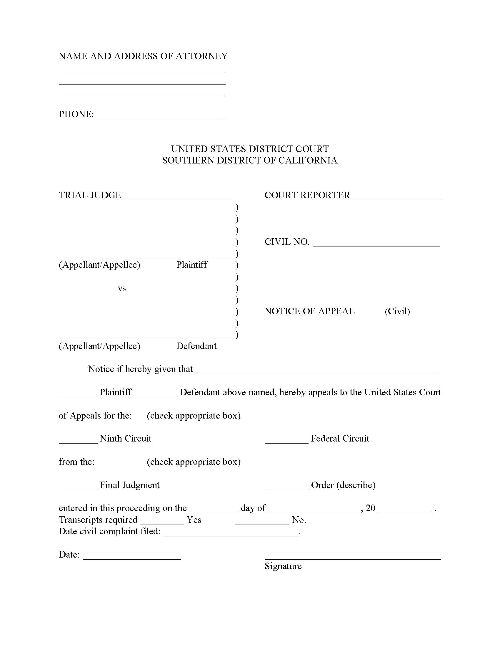 Notice Of Appeal-Civil | Pdf Fpdf Doc Docx | California
