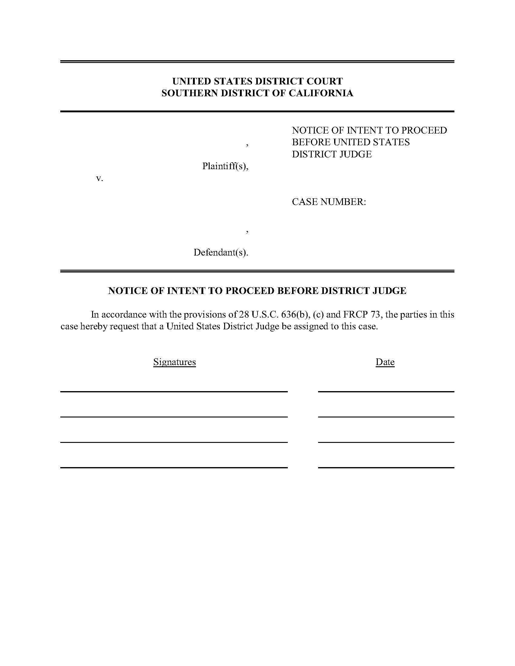 Notice Of Intent To Proceed Before United States District Judge | Pdf Fpdf Doc Docx | California