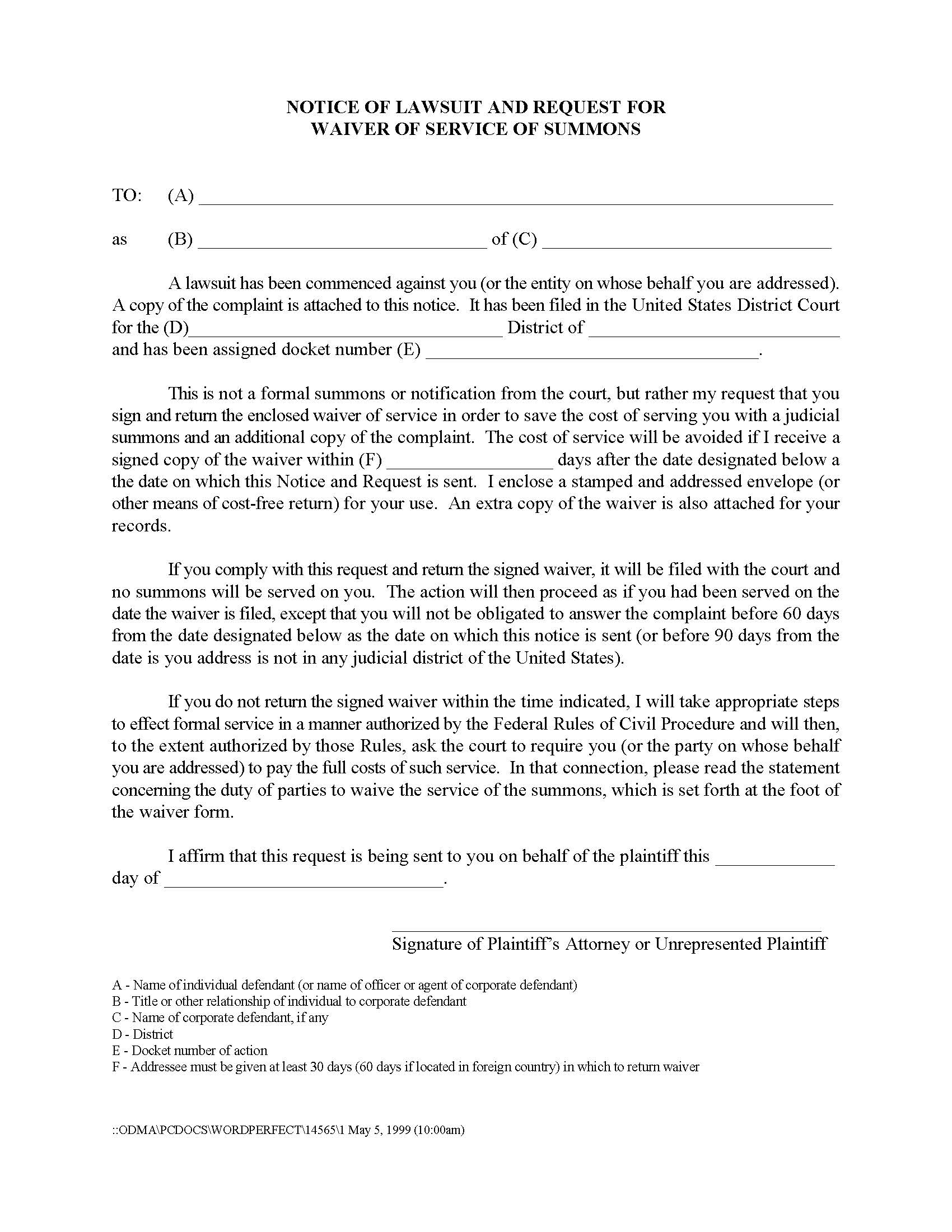 Notice Of Lawsuit And Request For Waiver Of Service Of Summons | Pdf Fpdf Docx | California
