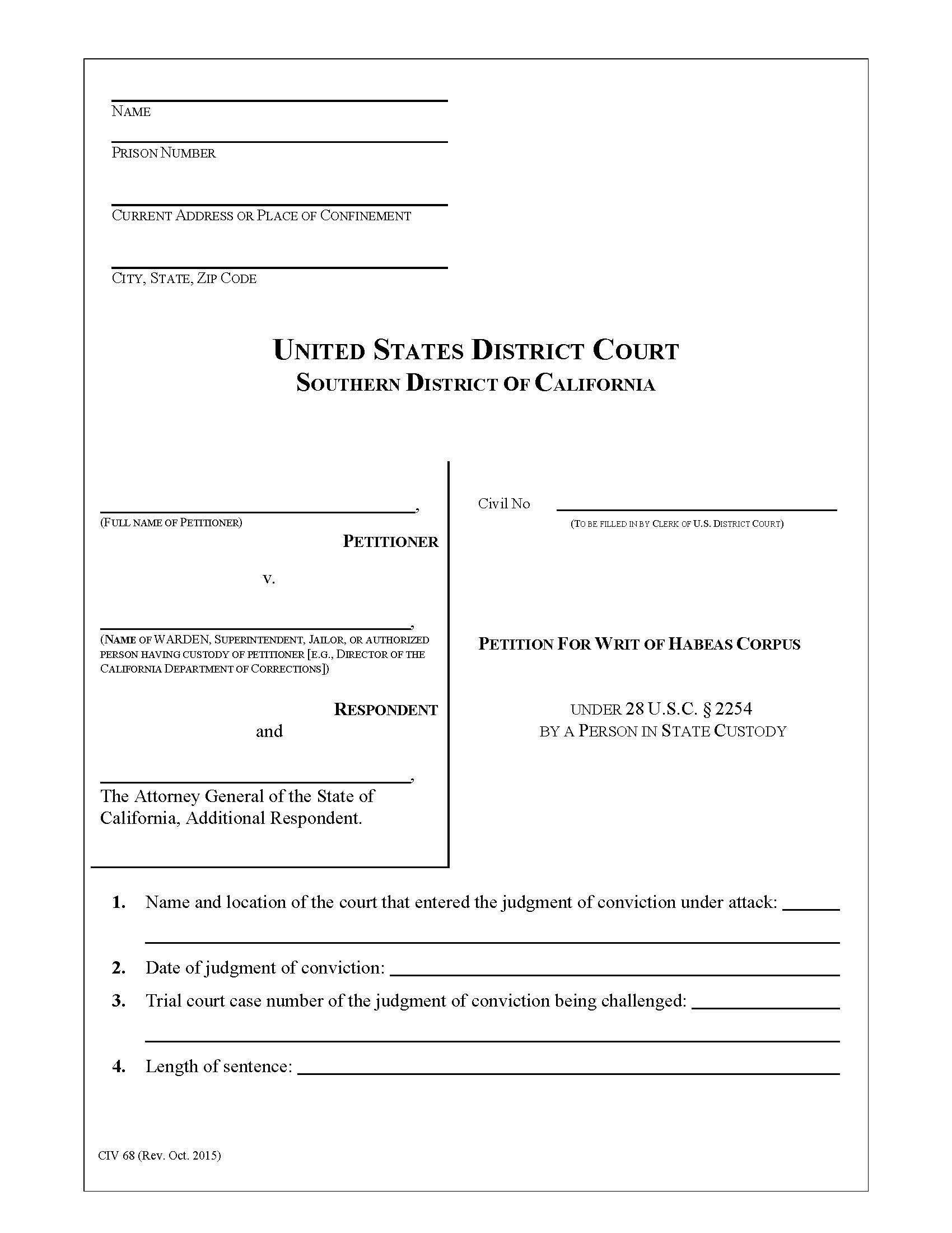 Petition For Writ Of Habeas Corpus Under 28 USC 2254 By A Person In State Custody {CIV-68} | Pdf Fpdf Doc Docx | California