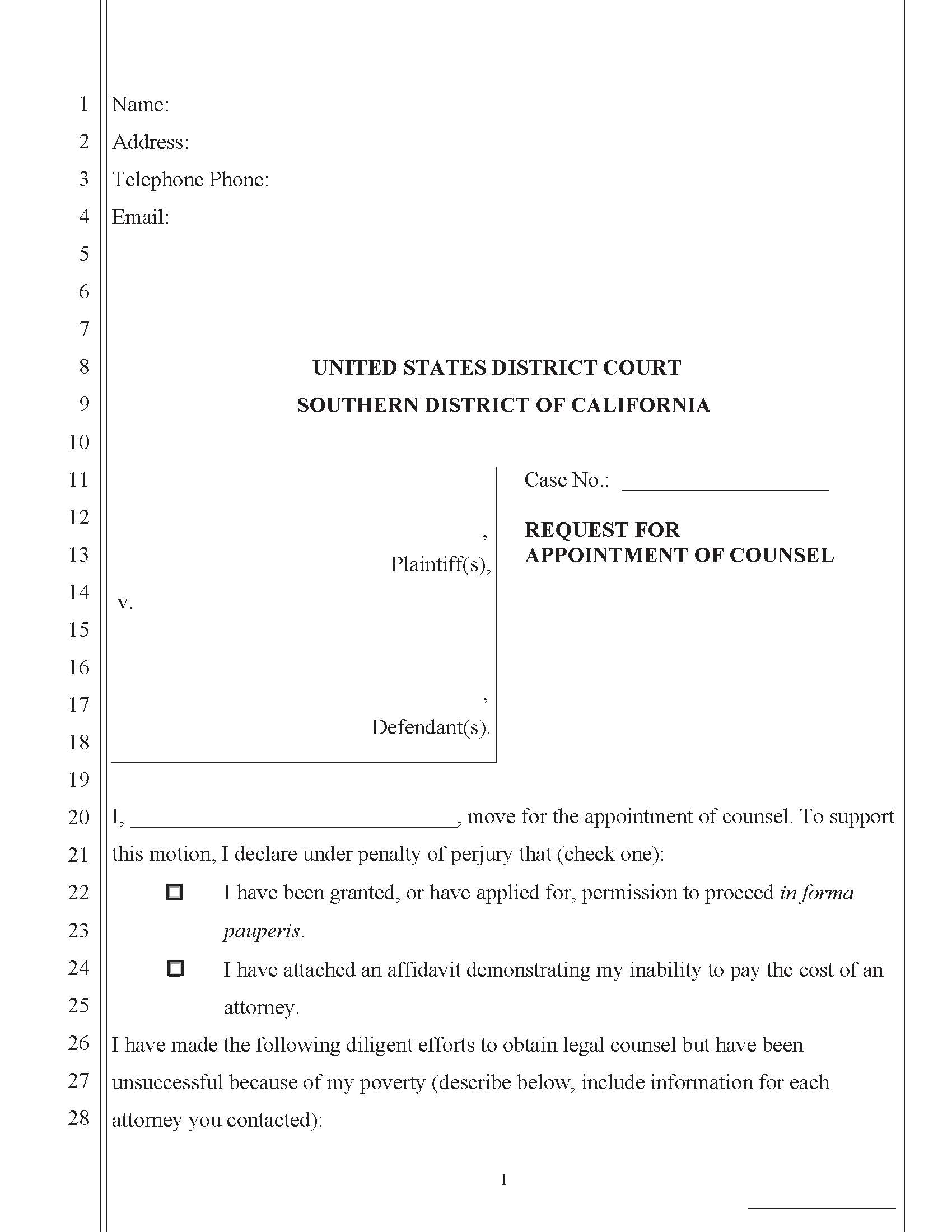 Request For Appointment Of Counsel (Pro Se Complaint) | Pdf Fpdf Doc Docx | California