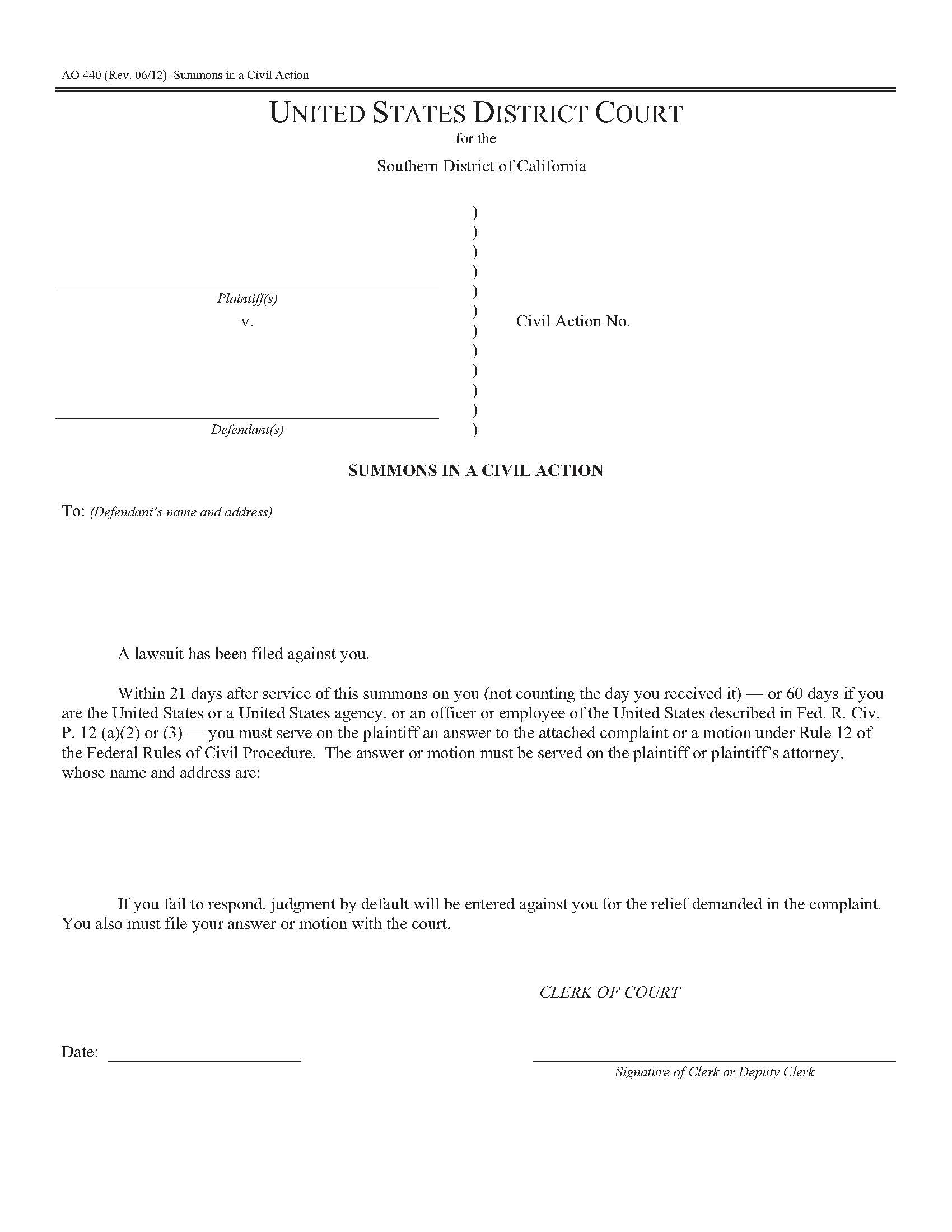 Summons In A Civil Action (Southern District) {AO 440} | Pdf Fpdf Doc Docx | California