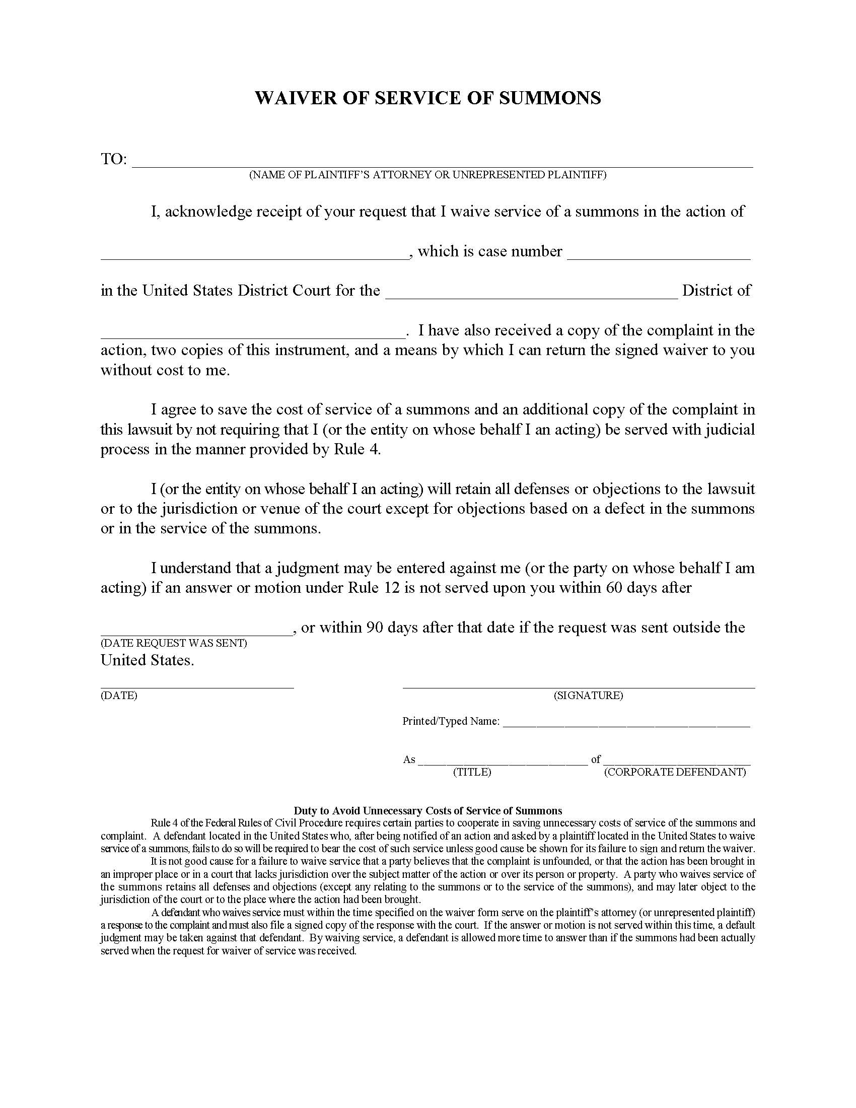 Waiver Of Service Of Summons | Pdf Fpdf Doc Docx | California