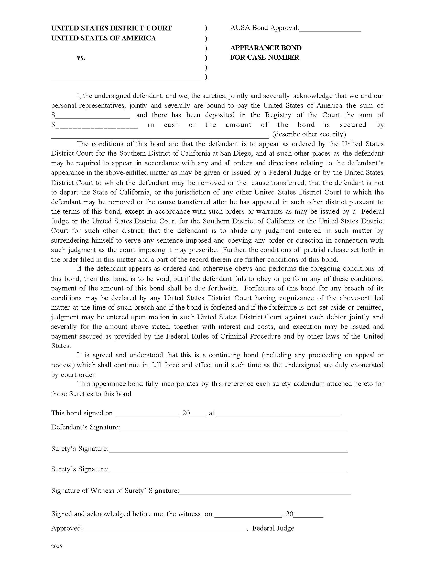 Appearance Bond (Defendant) | Pdf Fpdf Doc Docx | California
