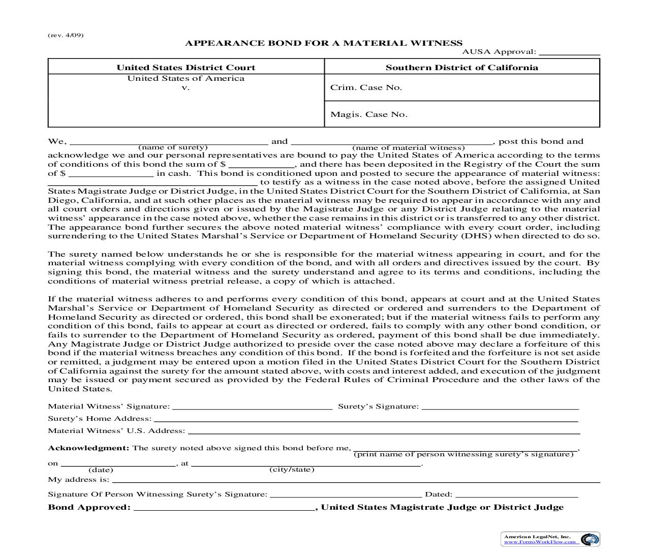 Appearance Bond For A Material Witness | Pdf Fpdf Doc Docx | California