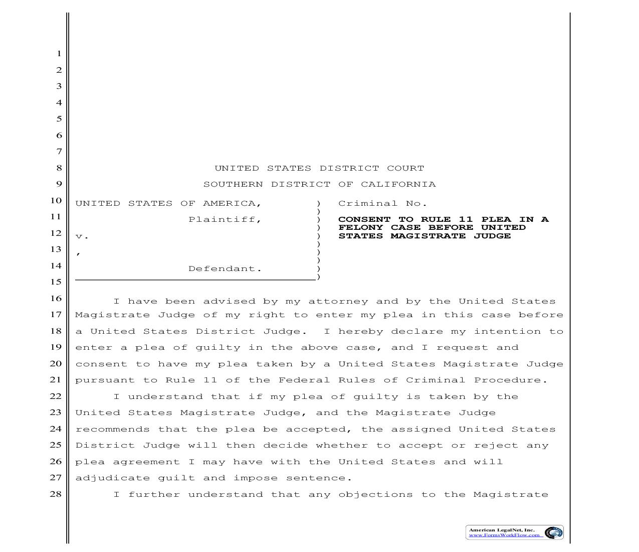 Consent To Rule 11 Plea In A Felony Case Before United States Magistrate Judge | Pdf Fpdf Doc Docx | California