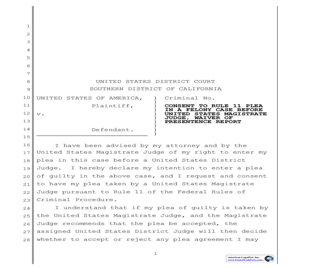 Consent To Rule 11 Plea In A Felony Case-Waiver Of Presentence Report | Pdf Fpdf Doc Docx | California