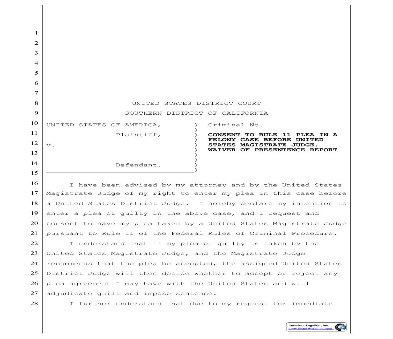 Consent To Rule 11 Plea-Waiver Of Presentence Report-Pretrial Diversion Program | Pdf Fpdf Doc Docx | California