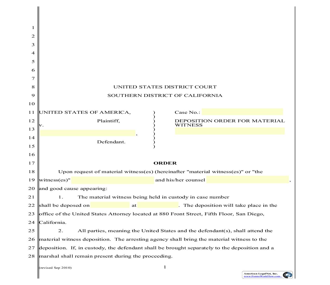 Deposition Order For Material Witness | Pdf Fpdf Doc Docx | California