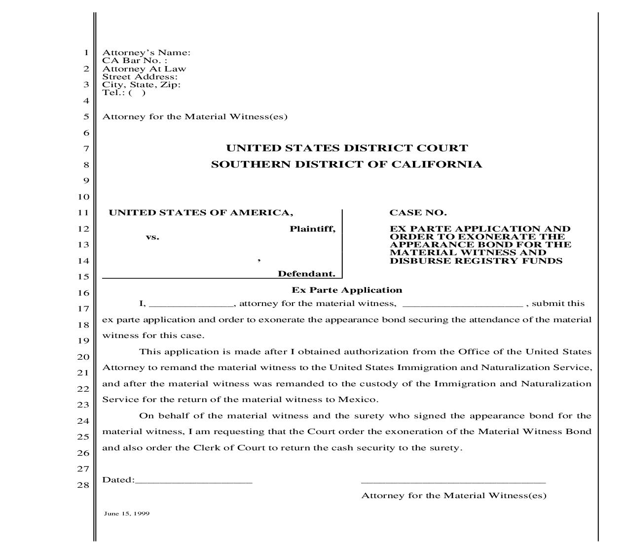 Ex Parte Application And Order To Exonorate The Appearance Bond | Pdf Fpdf Doc Docx | California