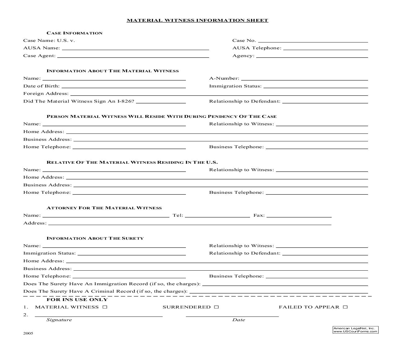 Material Witness Information Sheet | Pdf Fpdf Doc Docx | California