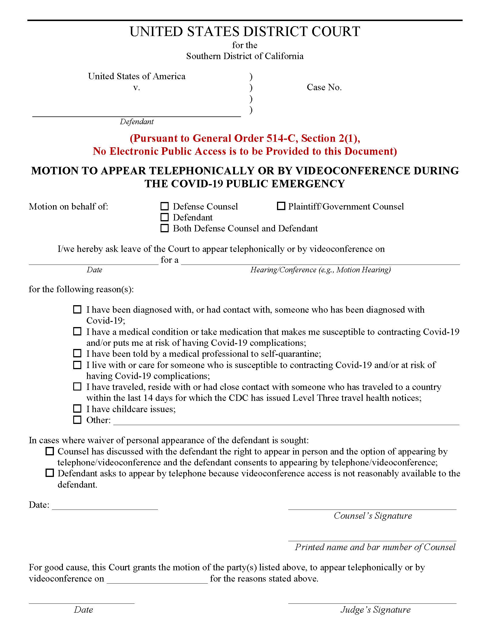 Motion To Appear Telephonically Or By Videoconference During The COVID-19 (Criminal) | Pdf Fpdf Docx | California