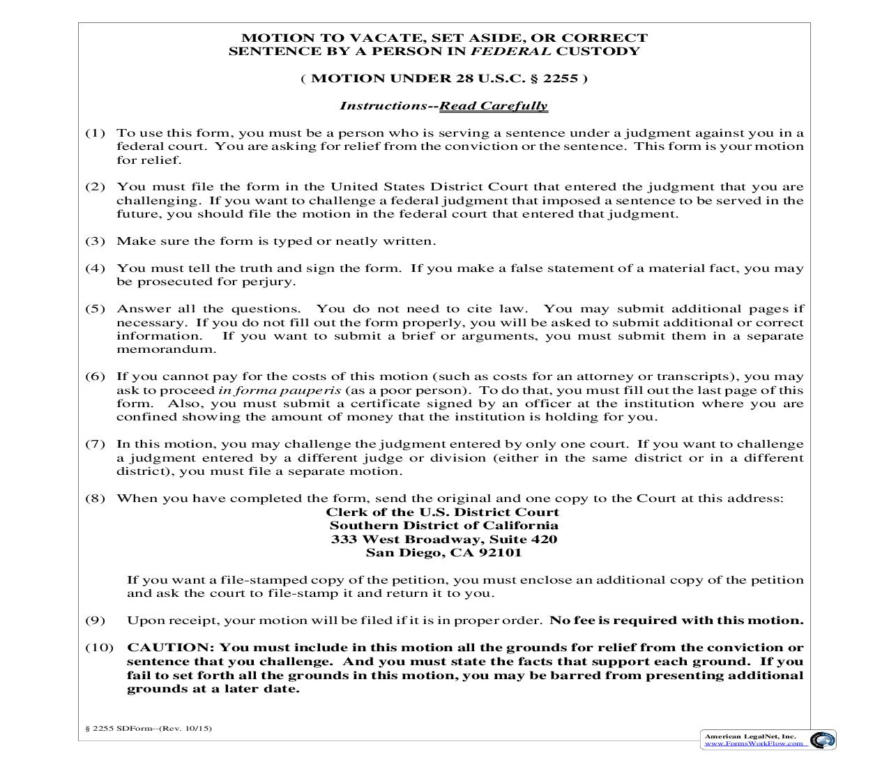 Motion To Vacate Set Aside Or Correct Sentence By A Person In Federal Custody | Pdf Fpdf Doc Docx | California