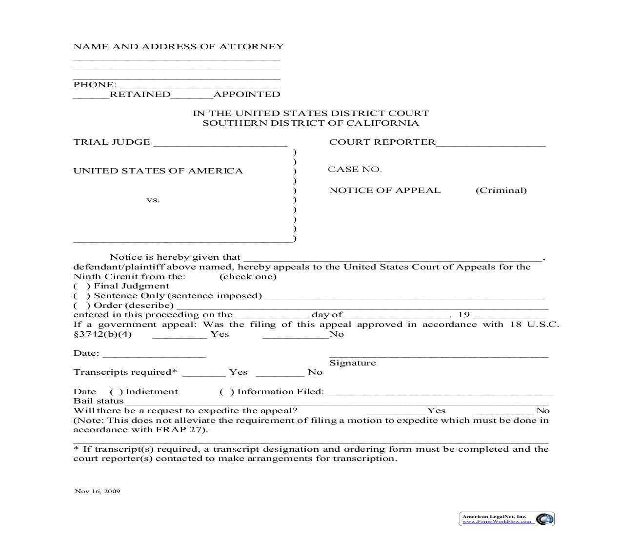 Notice Of Appeal-Criminal | Pdf Fpdf Doc Docx | California