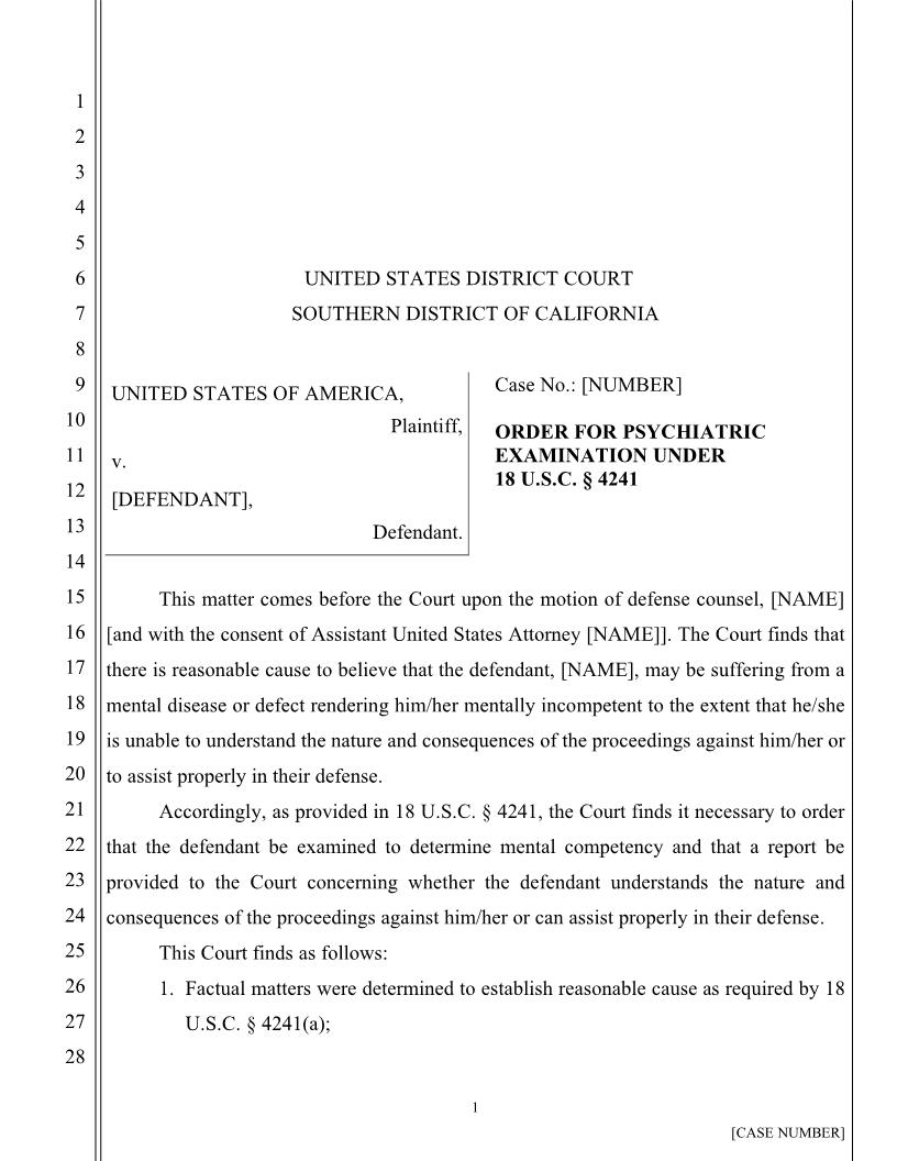 Order For Psych Exam Under 18 USC 4241 (Order For Psych Exam) | Pdf Fpdf Docx | California