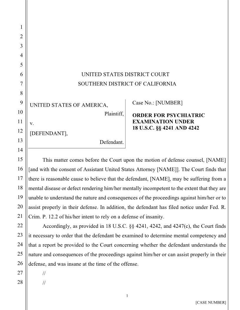 Order For Psych Exam Under 18 USC 4241 And 4242 (Order For Psych Exam) | Pdf Fpdf Docx | California