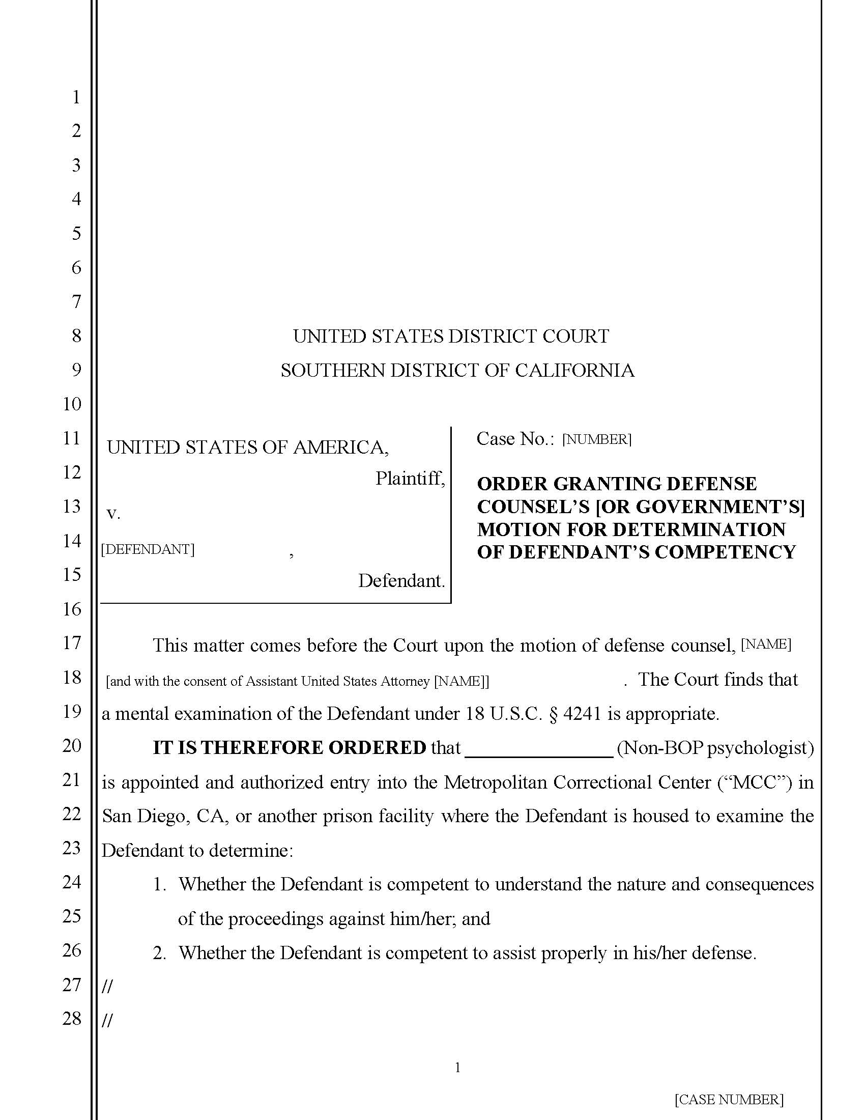 Order Granting Motion For Competency Determination (Order For Psych Exam) | Pdf Fpdf Docx | California