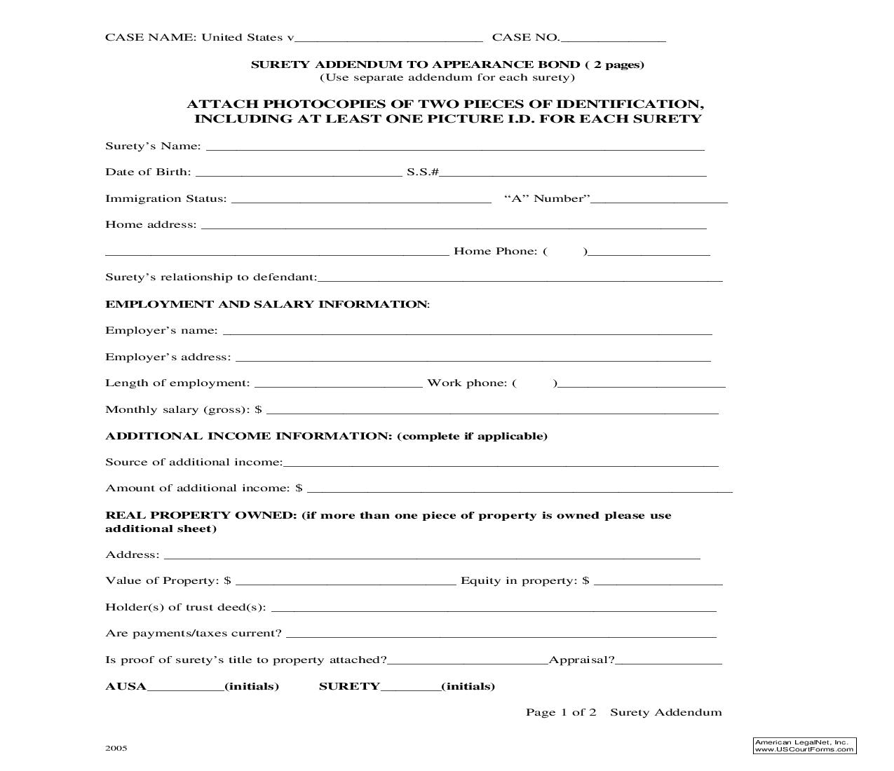 Surety Addendum To Appearance Bond (Defendant) | Pdf Fpdf Doc Docx | California