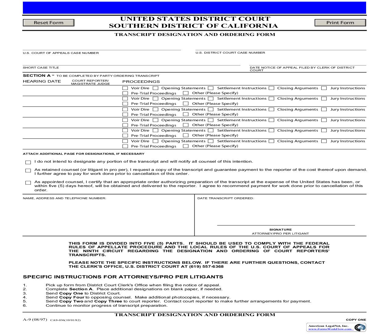 Transcript Designation And Ordering Form (Southern District) {A-9} | Pdf Fpdf Doc Docx | California