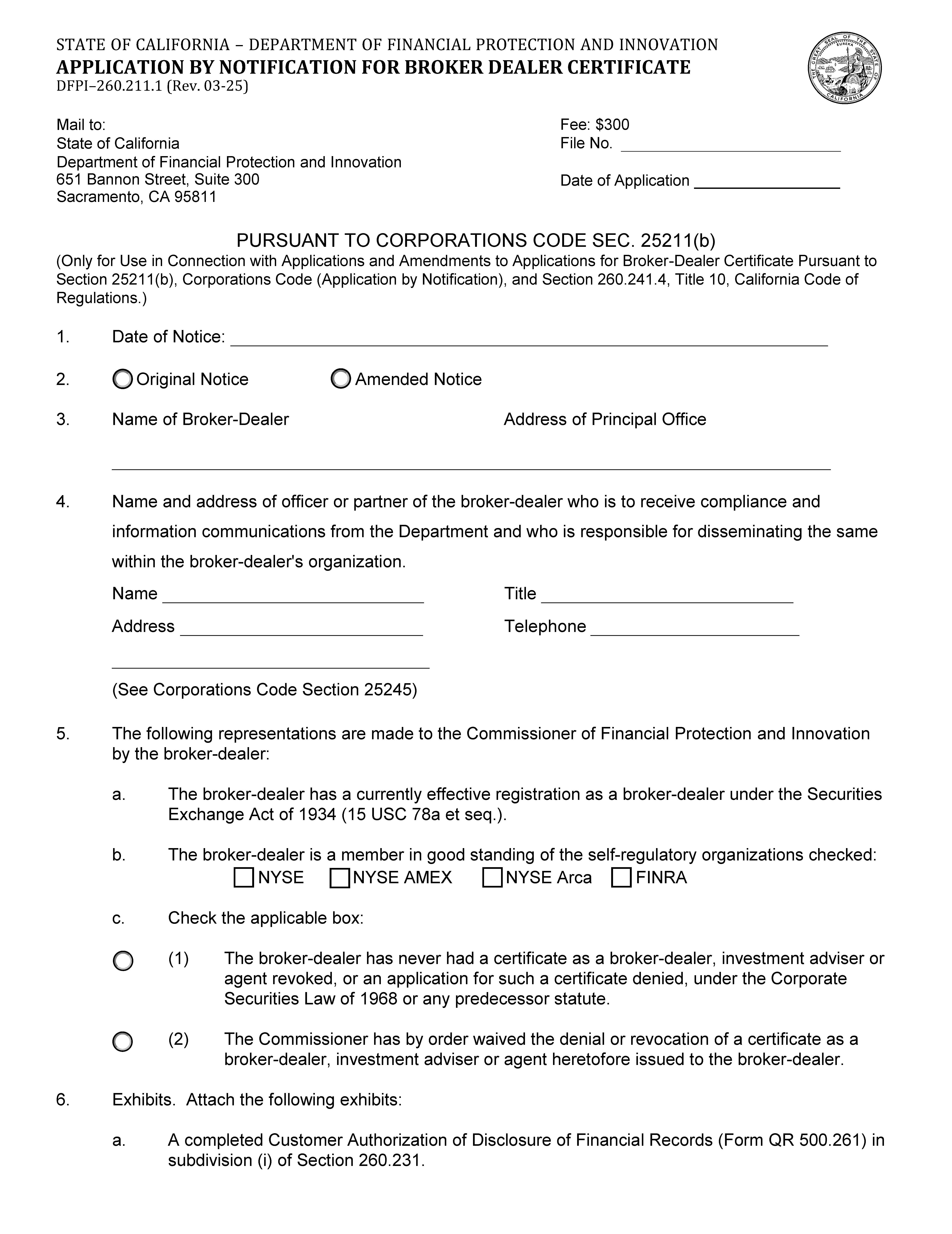 Application By Notification For Broker Dealer Certificate {DFPI-260.211.1} | Pdf Fpdf Docx | California