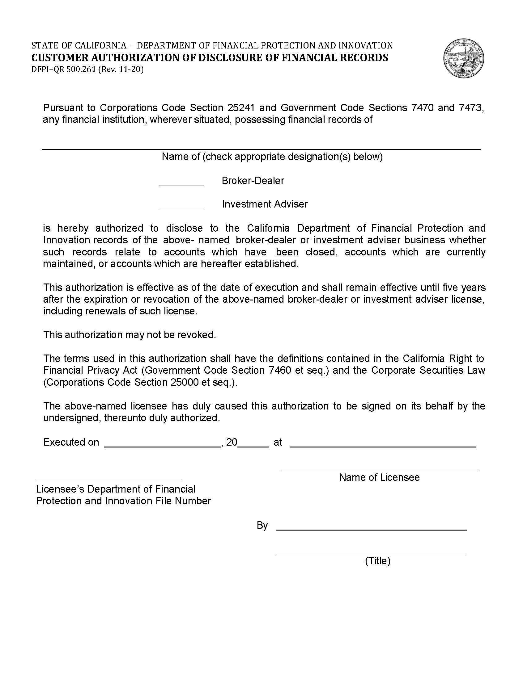 Customer Authorization Of Disclosure Of Financial Records {DFPI-QR-500.261} | Pdf Fpdf Docx | California