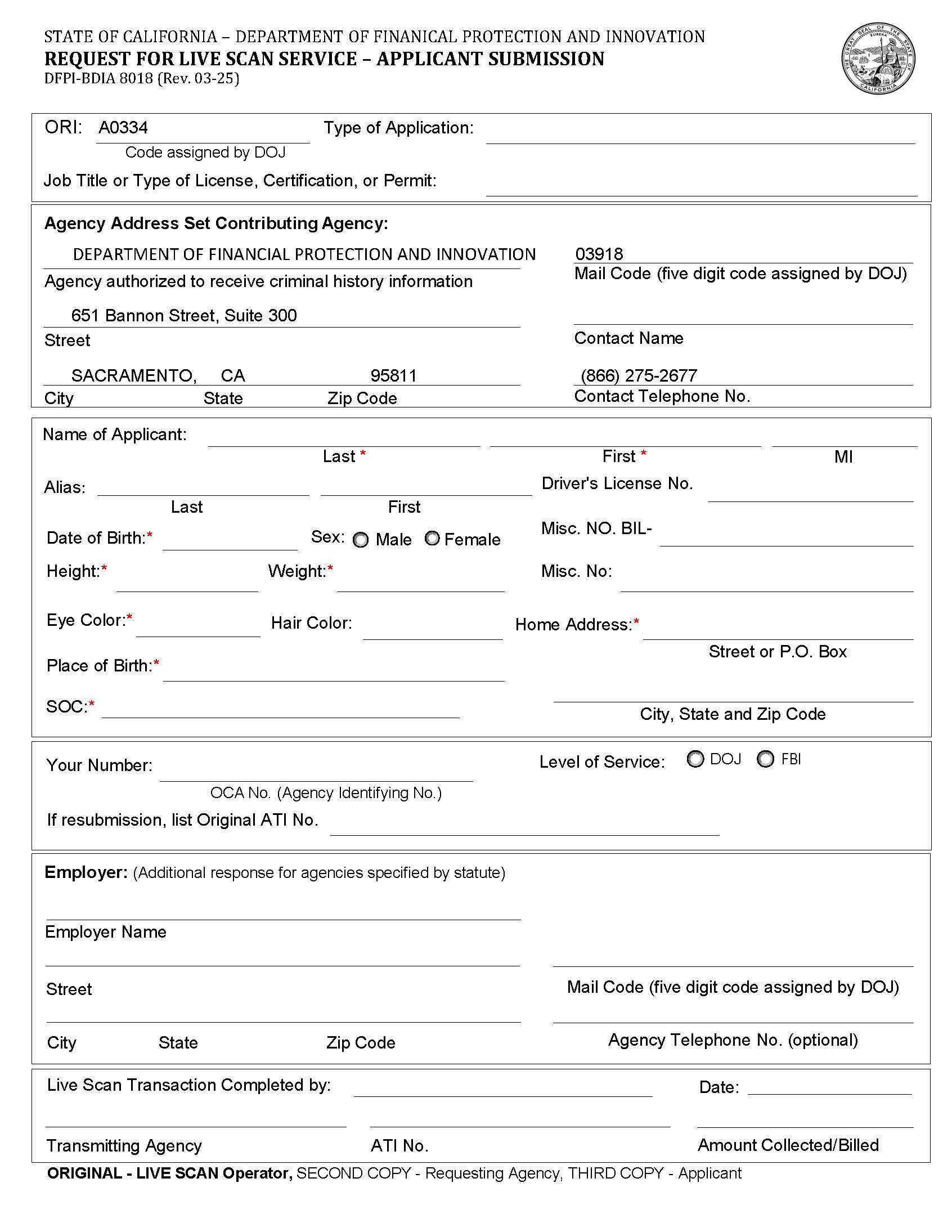 Request For Live Scan Services {DFPI-BDIA-8018} | Pdf Fpdf Docx | California